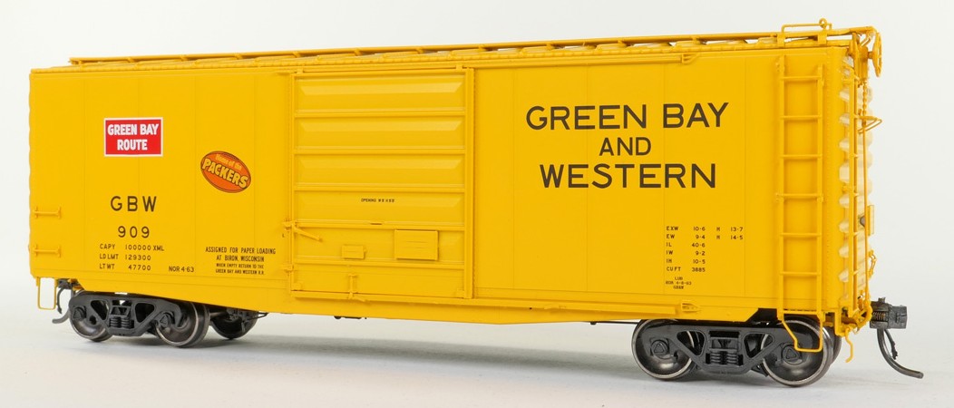 Tangent Scale Models HO 26020-02 Pullman-Standard 40′ PS-1 9′ Door Boxcar Green Bay and Western "Yellow Repaint 1963+" GBW #937