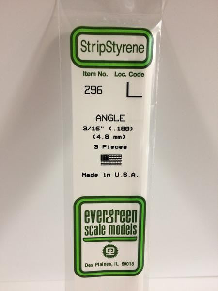 Evergreen Scale Models 296 - .188" Styrene Angle - 3 pieces
