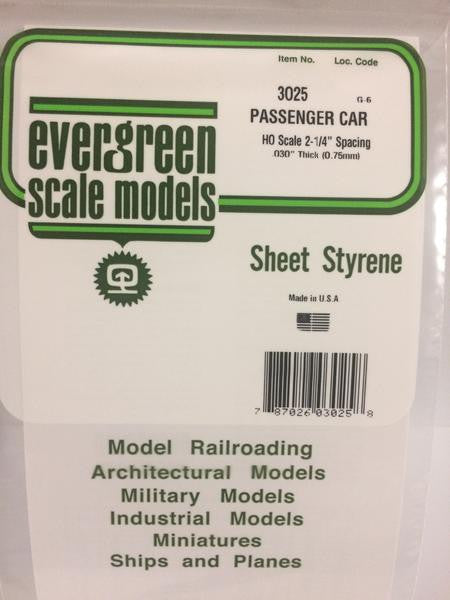Evergreen Scale Models HO 3025 - .030" Thick .025" Groove Spacing Opaque White Polystyrene HO Scale Passenger Car Siding - 1 Piece