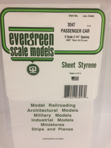 Evergreen Scale Models O 3047 - .030" Thick .047" Groove Spacing Opaque White Polystyrene O Scale Passenger Car Siding - 1 Piece