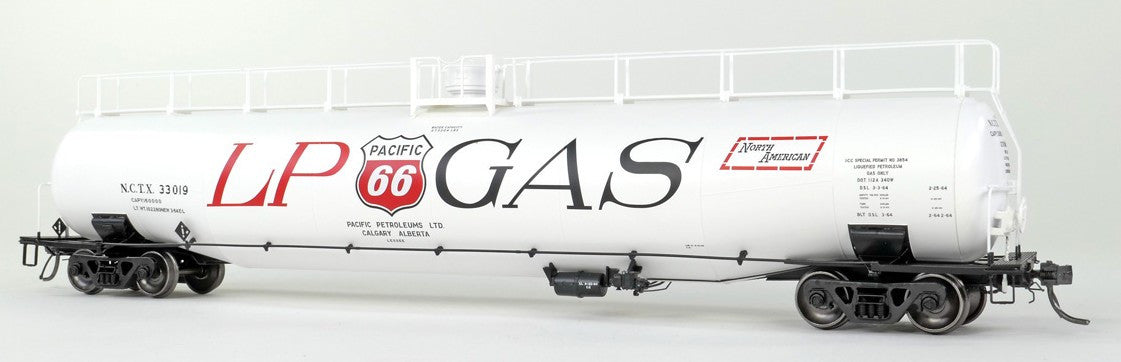 Tangent Scale Models HO 31161-03 NACC 1963 Design 33,000 Gallon Dual Diameter LPG/AA Tank Car NCTX 'Pacific 66 Calgary AB 1964' NCTX #33020