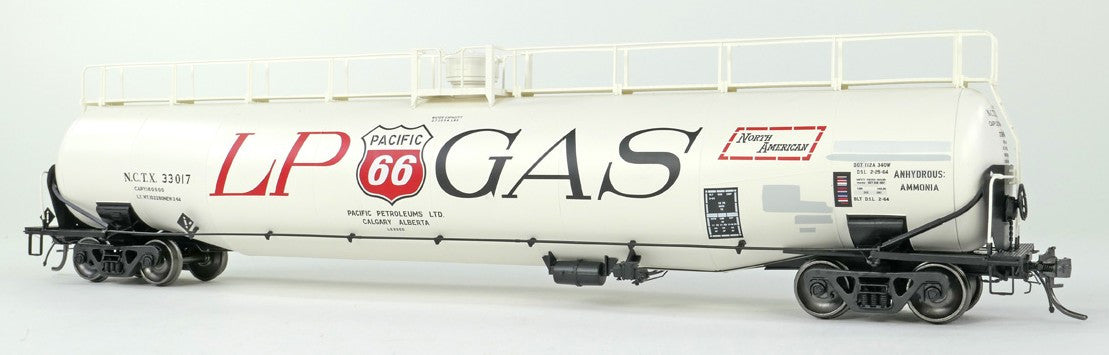 Tangent Scale Models HO 31163-01 NACC 1963 Design 33,000 Gallon Dual Diameter LPG/AA Tank Car NCTX 'Pacific 66 Calgary AB 1979+' NCTX #33015