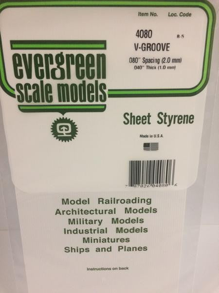 Evergreen Scale Models 4080 - .040" Thick .080" Groove Spacing Opaque White Polystyrene V-Groove Siding - 1 Piece