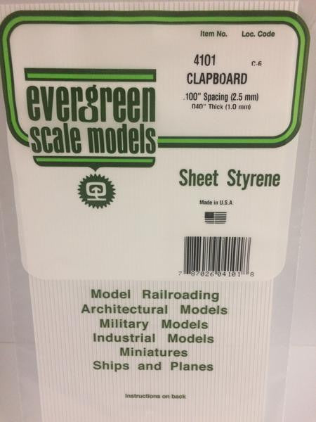 Evergreen Scale Models 4101 - .040" Thick .100" Spacing Opaque White Polystyrene Clapboard Siding - 1 Piece