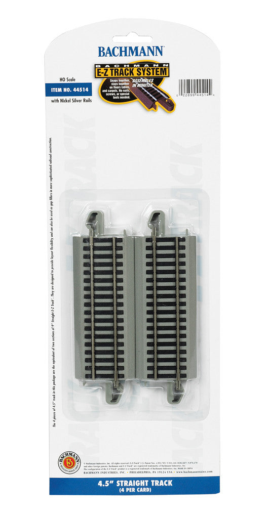 Bachmann HO 44514 Nickel Silver Rail/Gray Roadbed E-Z Track 4.50" Straight - 4 Pack
