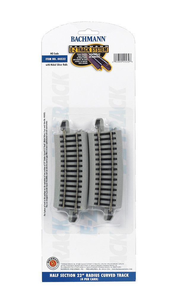 Bachmann HO 44532 Nickel Silver Rail/Gray Roadbed E-Z Track Half-Section 22" Radius Curve - 4 Pack