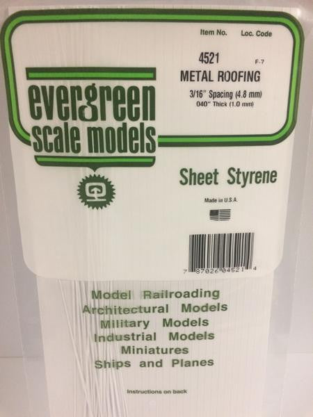 Evergreen Scale Models 4521 - .040" Thick .1875" Spacing Opaque White Polystyrene Standing Seam Roofing - 1 Piece