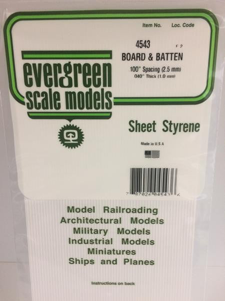 Evergreen Scale Models 4543 - .040" Thick .100" Groove Spacing Opaque White Polystyrene Board and Batten Siding - 1 Piece