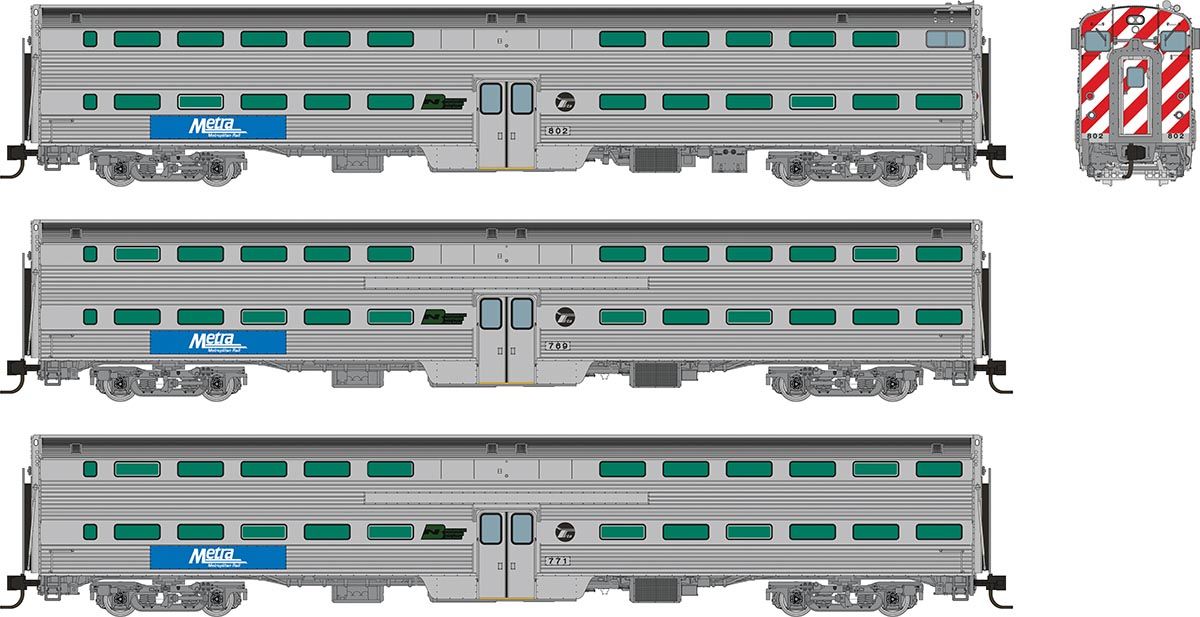 Rapido Trains Inc N 545004 Budd Gallery Commuter Cab Car & Two Coaches Metra BN Logo Set #2