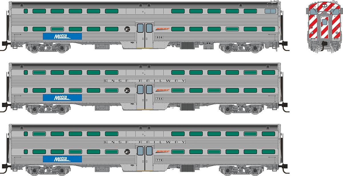 Rapido Trains Inc N 545009 Budd Gallery Commuter Cab Car & Two Coaches Metra BNSF "Swoosh" Set #1