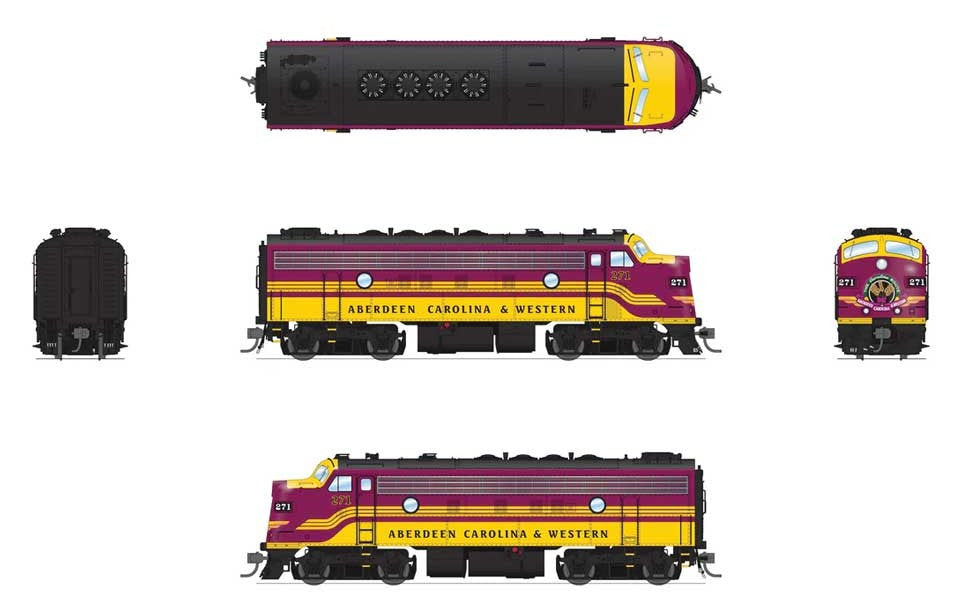 Broadway Limited Imports HO 9682 Stealth Series DCC-Ready EMD F9A Locomotive Aberdeen, Carolina & Western ACWR #271 'Magenta & Yellow'