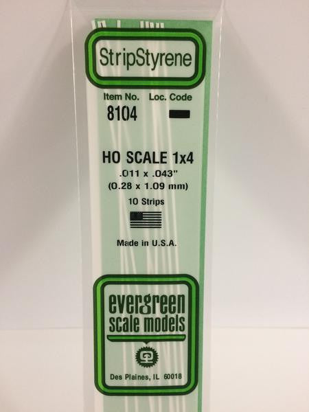Evergreen Scale Models HO 8104 - .011" X .043" HO Scale 1X4 Strips - 10 Pieces