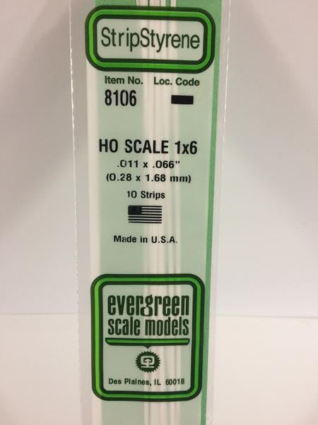 Evergreen Scale Models HO 8106 - .011" X .066" HO Scale 1X6 Strips - 10 Pieces