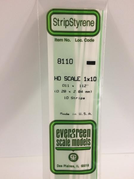 Evergreen Scale Models HO 8110 - .011" X .112" HO Scale 1X10 Strips - 10 Pieces