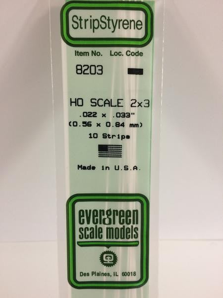 Evergreen Scale Models HO 8203 - .022" X .033" HO Scale 2X3 Strips - 10 Pieces