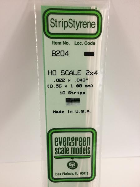 Evergreen Scale Models HO 8204 - .022" X .043" HO Scale 2X4 Strips - 10 Pieces