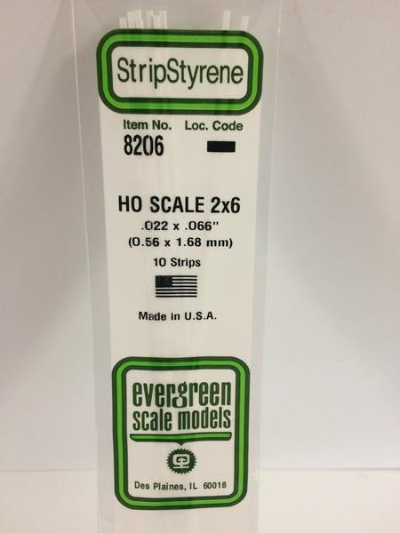 Evergreen Scale Models HO 8206 - .022" X .066" HO Scale 2X6 Strips - 10 Pieces