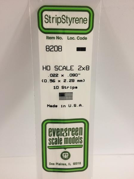 Evergreen Scale Models HO 8208 - .022" X .090" HO Scale 2X8 Strips - 10 Pieces