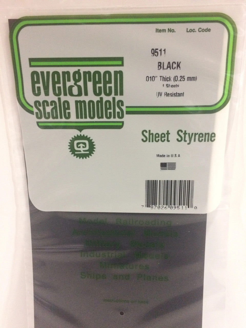 Evergreen Scale Models 9511 - .010" Plain Opaque Black Polystyrene Sheet - 4 Pieces