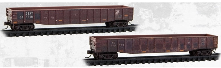 Atlas Micro-Trains N 983102293 50' Steel Side 15-Panel Fixed End Gondola Fishbelly Sides CSX/Norfolk Southern Family Tree & Beyond Weathered 2-Pack