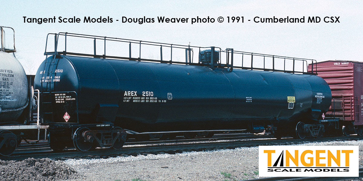 Tangent Scale Models HO 31222-01 NACC 1979+ Jacketed 33,000 Dual Diameter Insulated LPG Tank Car "AREX Black Lease Repaint 1991+" AREX 2510