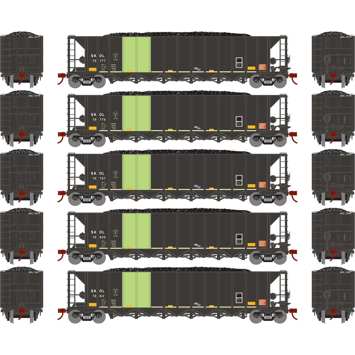 Athearn HO ATH-1098 Ortner 5-Bay Rapid Discharge Hopper SKOL #78777 / 78779 / 78787 / 78805 / 78812 5-Pack