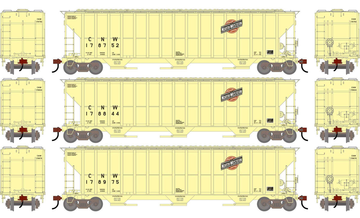 Athearn HO ATH-2487 FMC 4700 Covered Hopper Primed For Grime Chicago & North Western CNW ##178752/178844/178975 3-Pack
