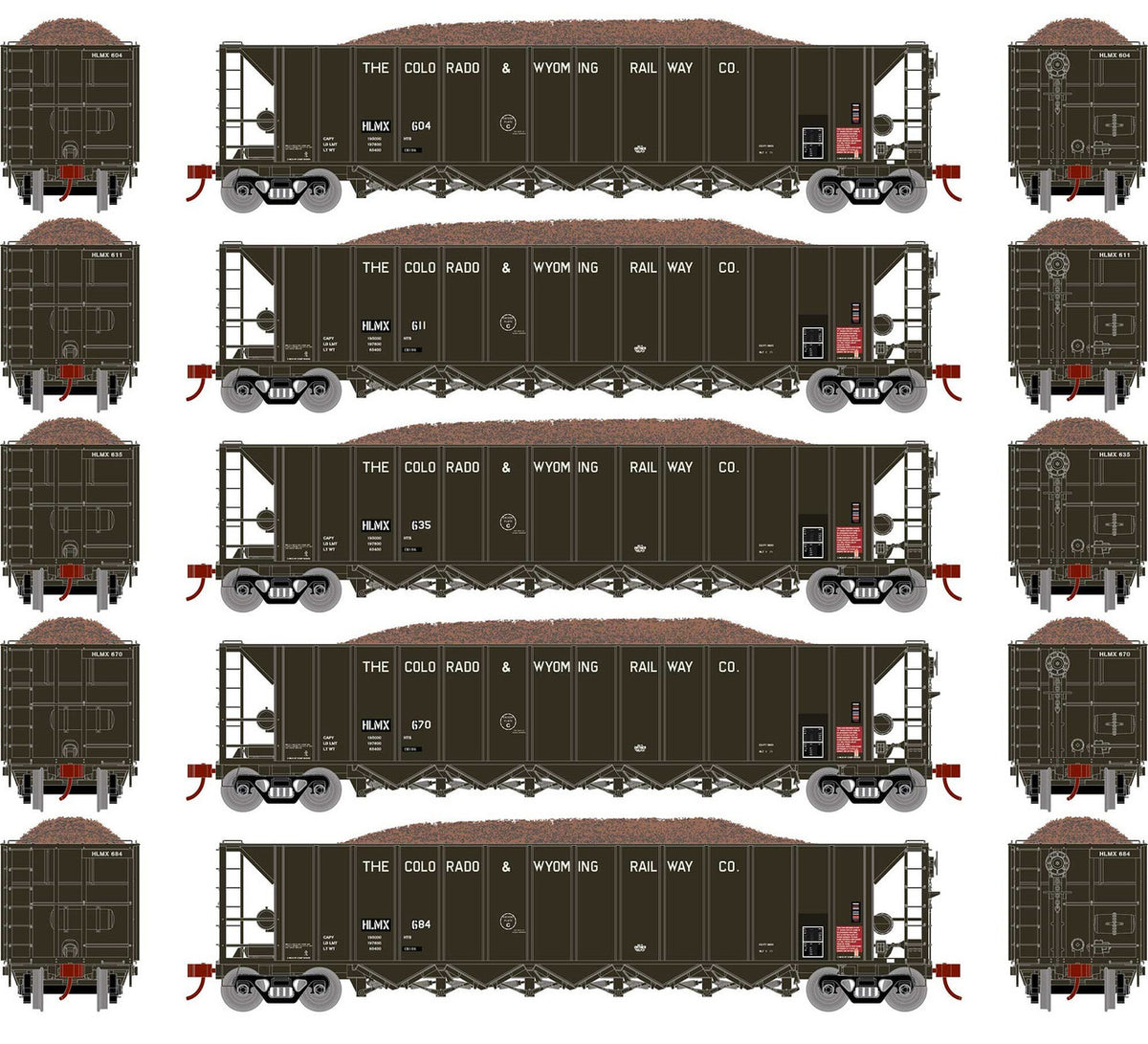 Athearn HO ATH98497 5Bay Rapid Discharge Hopper Colorado & Wyoming Railway HLMX #1 5-Pack