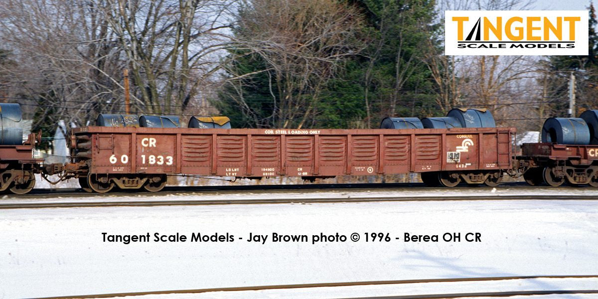 Tangent Scale Models HO 17015-01 PRR/PC Shops G43 Class 52'6" Corrugated Side Gondola Conrail '1988 G43B Coil Service' CR #601802 with Coil Racks