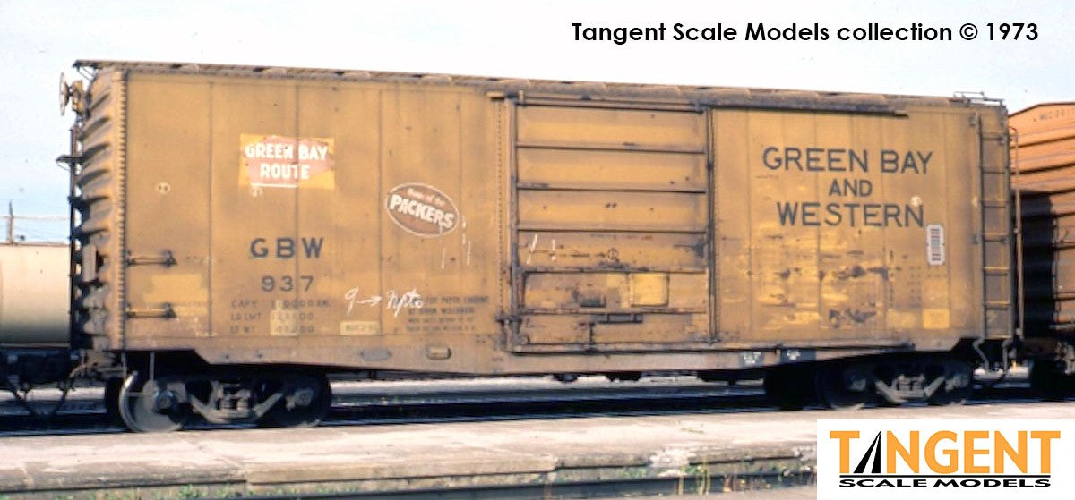 Tangent Scale Models HO 26020-02 Pullman-Standard 40′ PS-1 9′ Door Boxcar Green Bay and Western "Yellow Repaint 1963+" GBW #937