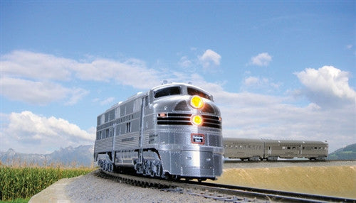 Kato N 106-090-LS-DMW Chicago Burlington and Quincy CB&Q EMD E5A Diesel Locomotive with DCC/ESU LokSound V5 and 5 Lighted Passenger Cars 'Silver Streak Zephyr' - 6-Piece Set