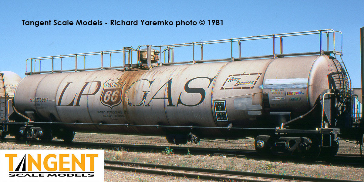 Tangent Scale Models HO 31163-02 NACC 1963 Design 33,000 Gallon Dual Diameter LPG/AA Tank Car NCTX 'Pacific 66 Calgary AB 1979+' NCTX #33017