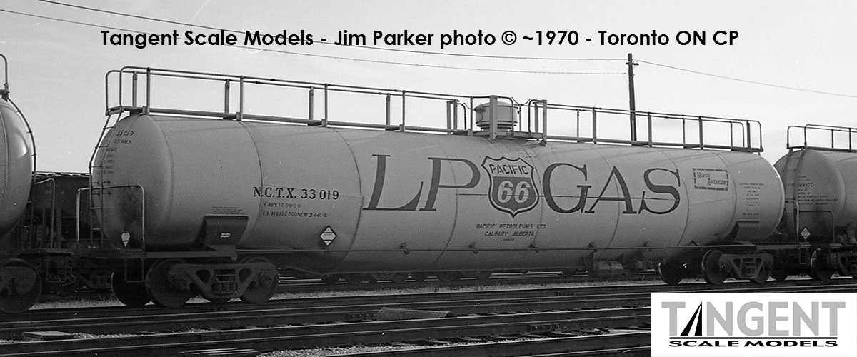 Tangent Scale Models HO 31161-02 NACC 1963 Design 33,000 Gallon Dual Diameter LPG/AA Tank Car NCTX 'Pacific 66 Calgary AB 1964' NCTX #33019