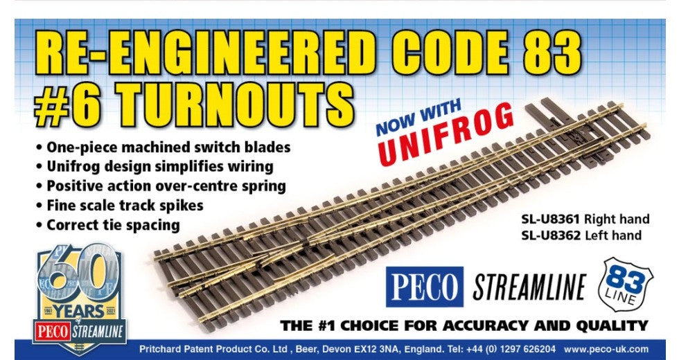 Peco Streamline HO SL-U8362 Code 83 No 6 Unifrog Turnout Nickel Silver Left Hand