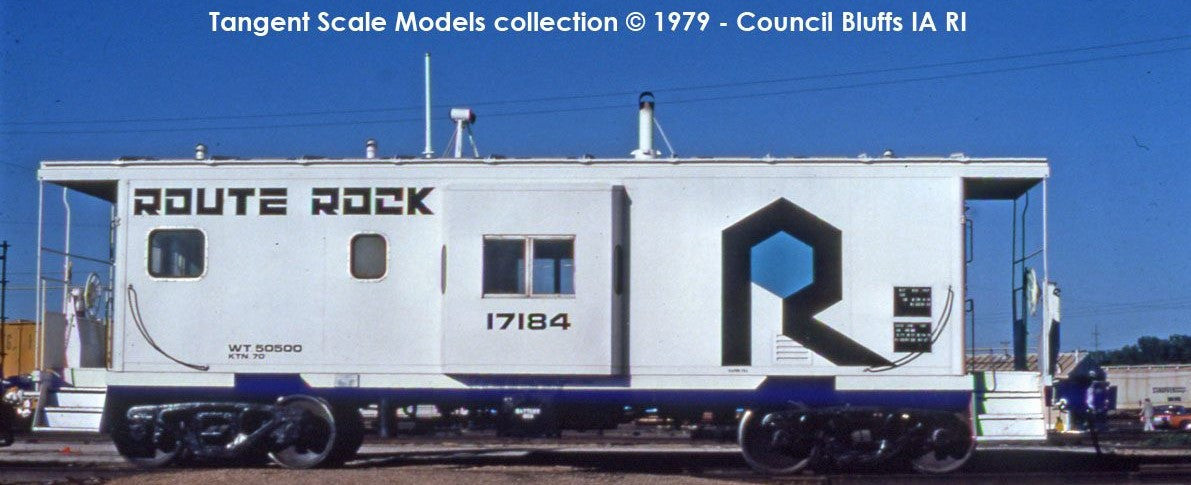 Tangent Scale Models HO 60412-01 ICC Rock Island Bay Window Caboose Rock Island 'Route Rock White Repaint 1979' w/ Red-Green Lights RI #17184