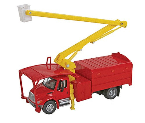 Walthers SceneMaster HO 949-11742 International 4300 Single-Axle Trimmer Truck Assembled - Red Body Yellow Arm White Bucket