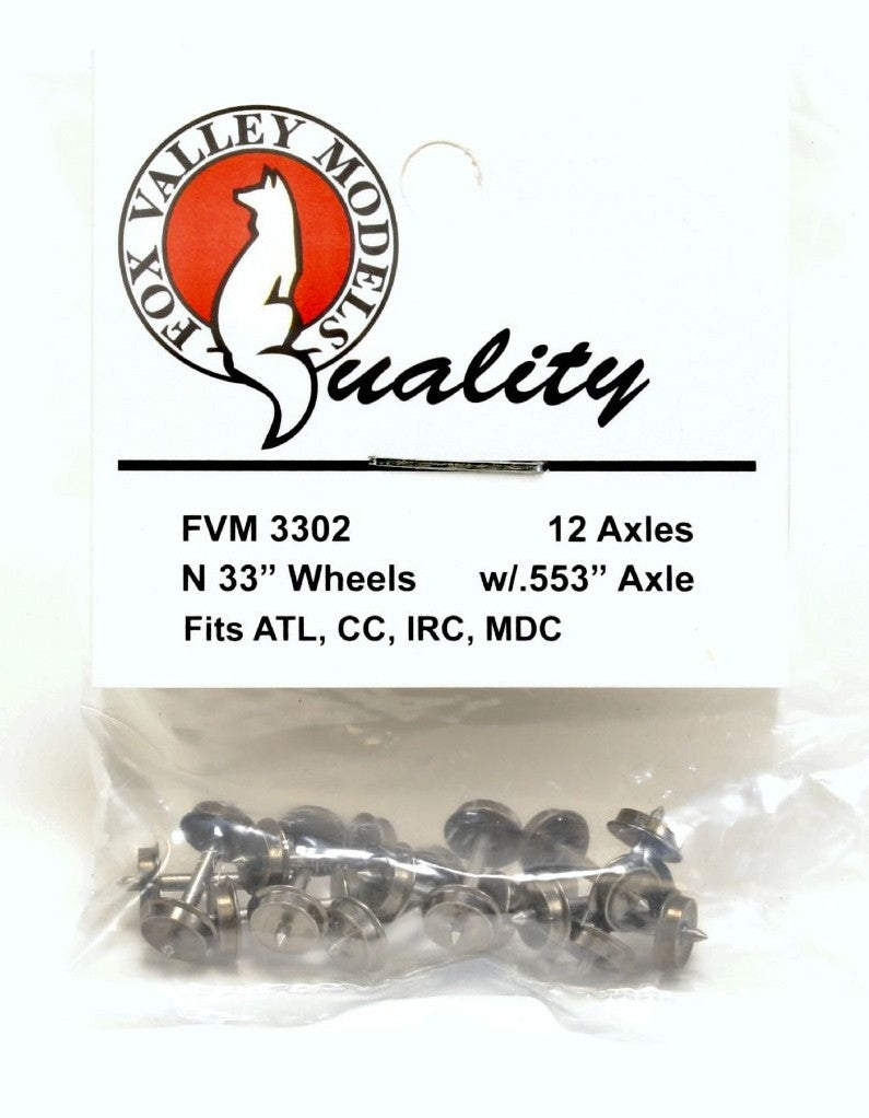 ScaleTrains Fox Valley Models N FVM3302 Semi-Scale Wheelsets .553" Axle 33" Wheel 12-Pack