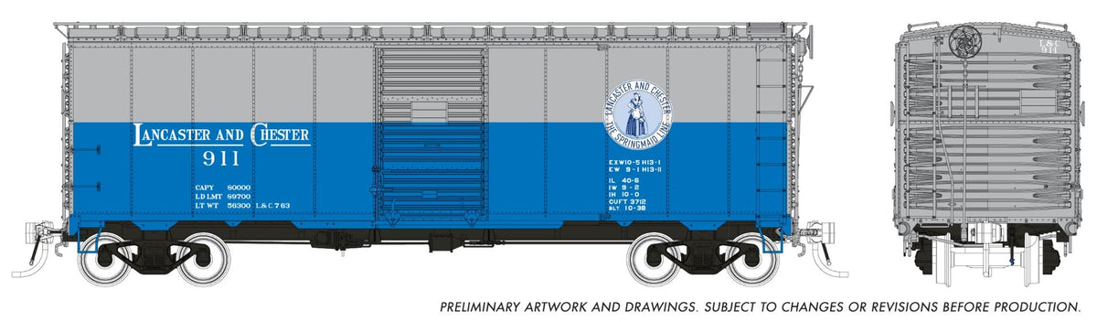 Rapido Trains Inc HO 180006A 1937 AAR 40' Boxcar "Square corner" Lancaster & Chester "Blue & Grey Scheme" Single Car