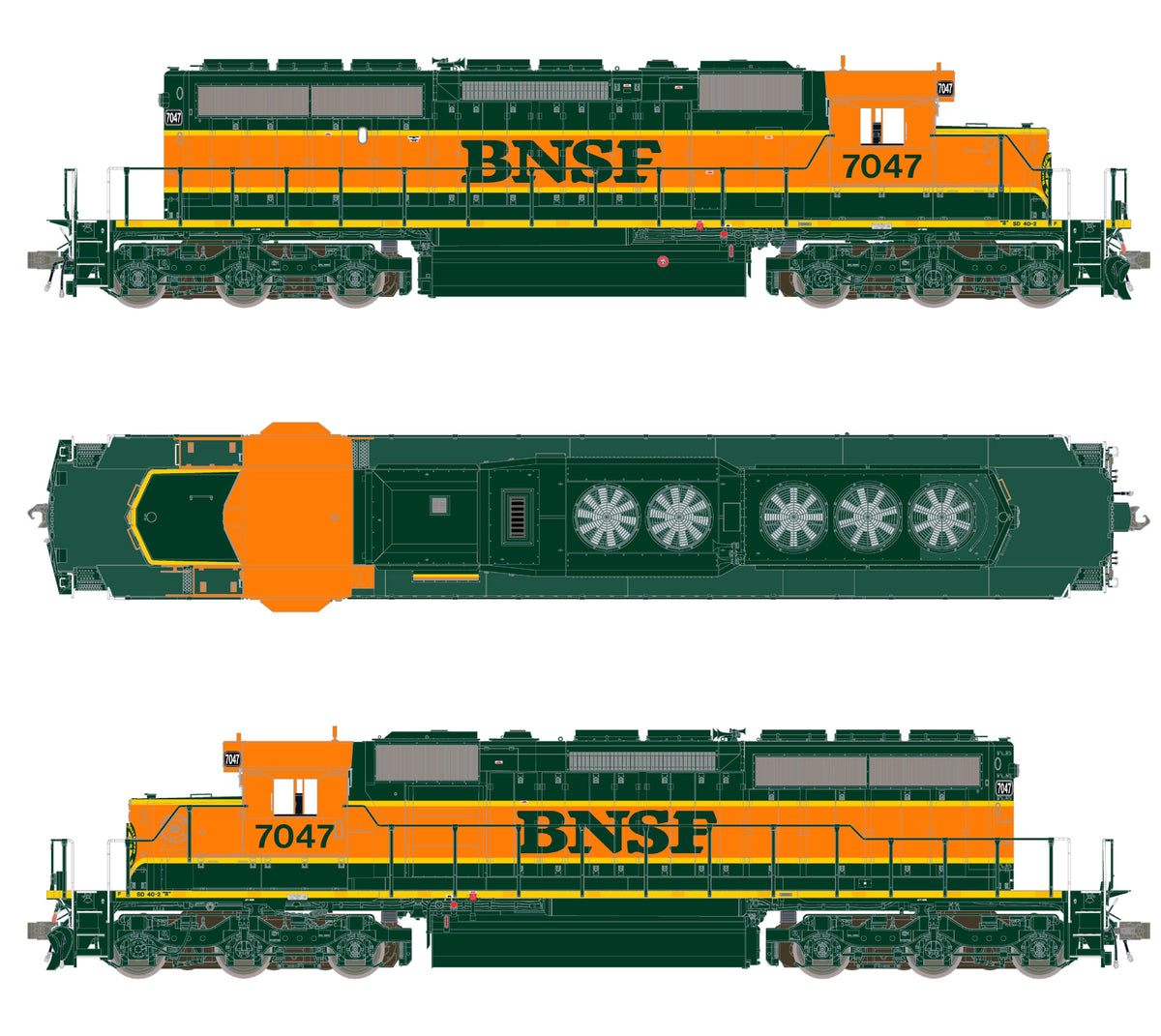 ScaleTrains Rivet Counter HO SXT42147 DCC Ready EMD SD40-2 Locomotive BNSF/Heritage I/Ditch Lights/Green Walkway BNSF #7047