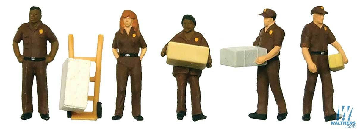 Walthers SceneMaster HO 949-6043 UPS Delivery Personnel with Handcart - 6 Pcs